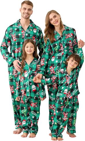 Satin Family Christmas Pajamas Set, Soft Button Down Holiday Sleepwear Matching PJs for Couple Men Women Jammies Party in Saudi Arabia