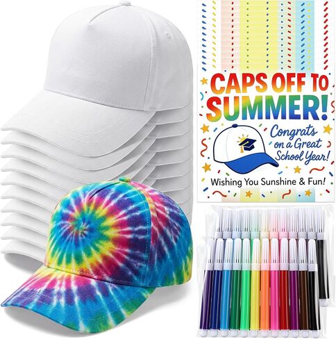 Cuffbow 12 Sets End of Year Gifts DIY White Plain Baseball Cap for Tie Dye Kit Adjustable Painting Sports Caps with Watercolor Pens and Cards Forclassroom Graduation Student Gifts Tie Dye in Kuwait