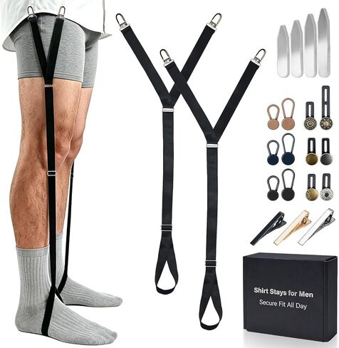Shirt Stays for Men - Elastic Foot Loop Shirt Garters with Collar Stays, Tie Clips, Button Extenders in Saudi Arabia