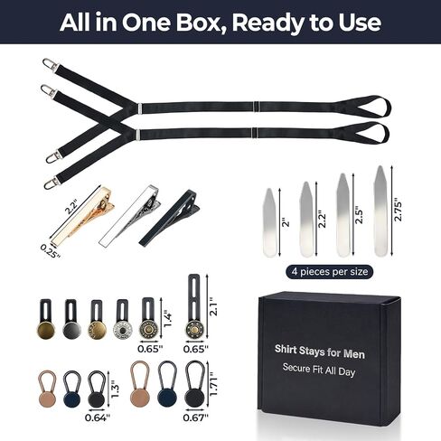 Shirt Stays for Men - Elastic Foot Loop Shirt Garters with Collar Stays, Tie Clips, Button Extenders in Saudi Arabia
