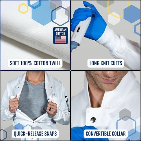 The Lab Coat Project - 100% Cotton Chemistry Men's 6-Pocket Long, Fitted with Snaps, Cuffed Sleeves, Howie Collar, & Belt in Saudi Arabia