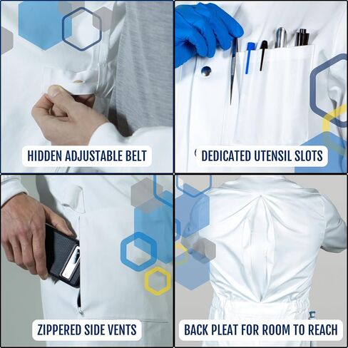 The Lab Coat Project - 100% Cotton Chemistry Men's 6-Pocket Long, Fitted with Snaps, Cuffed Sleeves, Howie Collar, & Belt in Saudi Arabia