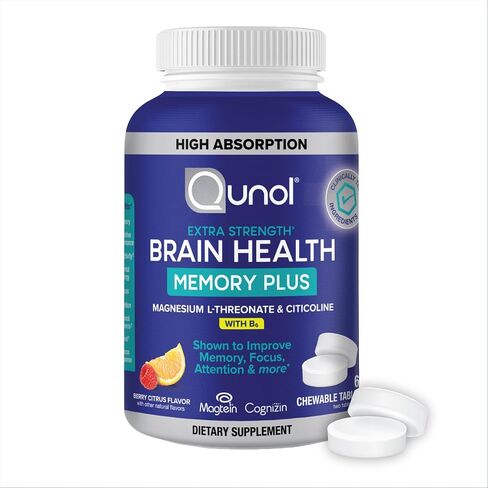 Qunol Brain Health Memory Plus Chewable Tablet with B6, Magnesium L-Threonate & Citicoline, Clinically Tested Ingredients to Improve Memory, Focus, Attention and Productivity, 60 Count in Kuwait