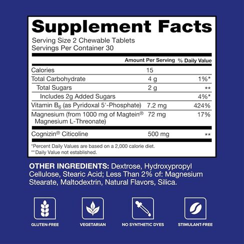 Qunol Brain Health Memory Plus Chewable Tablet with B6, Magnesium L-Threonate & Citicoline, Clinically Tested Ingredients to Improve Memory, Focus, Attention and Productivity, 60 Count in Kuwait