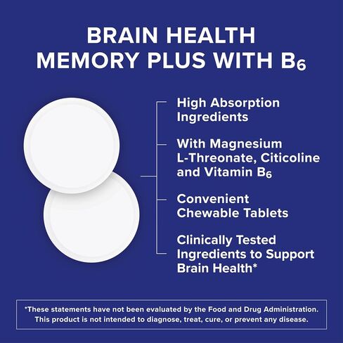 Qunol Brain Health Memory Plus Chewable Tablet with B6, Magnesium L-Threonate & Citicoline, Clinically Tested Ingredients to Improve Memory, Focus, Attention and Productivity, 60 Count in Kuwait