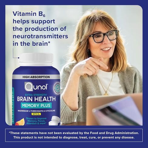 Qunol Brain Health Memory Plus Chewable Tablet with B6, Magnesium L-Threonate & Citicoline, Clinically Tested Ingredients to Improve Memory, Focus, Attention and Productivity, 60 Count in Kuwait