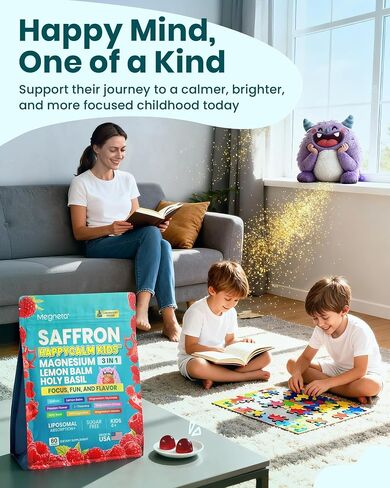 Magnesium Gummies for Kids, Happy Calm & Saffron Gummies Kids, Advanced Focus & Calm Support, Magnesium Glycinate Gummies, Ashwagandha & L-Theanine-Magnesium Glycinate Sugar Free-60 Count in Saudi Arabia