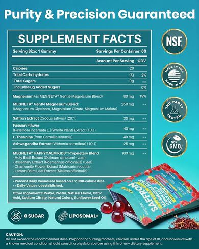 Magnesium Gummies for Kids, Happy Calm & Saffron Gummies Kids, Advanced Focus & Calm Support, Magnesium Glycinate Gummies, Ashwagandha & L-Theanine-Magnesium Glycinate Sugar Free-60 Count in Saudi Arabia
