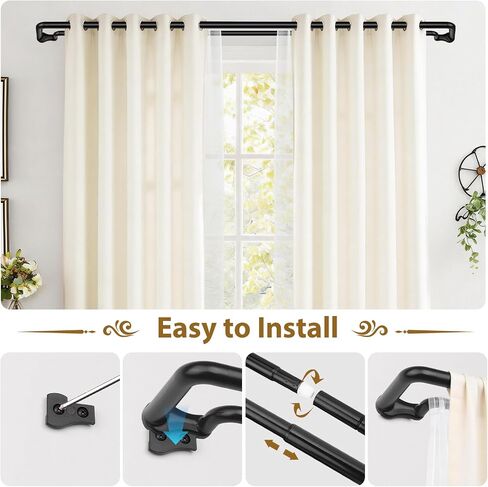 KAMANINA Double Curtain Rod 32 to 58 Inch, Wrap Around Blackout Curtain Rods for Windows 20 to 54 Inch, Black Adjustable Drapery Rod for Room Darkening Curtains, Easy Installation in Saudi Arabia