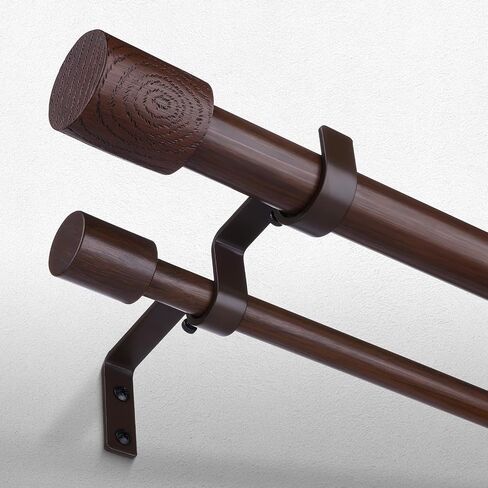 Walnut Wood Double Curtain Rod 36-122 Inch, Boho Decorative Long Dual Curtain Rods for Windows, 1 Inch Adjustable Heavy Duty Metal Spliced Drapery Rods, Unique Faux Wood Grain Design in Saudi Arabia