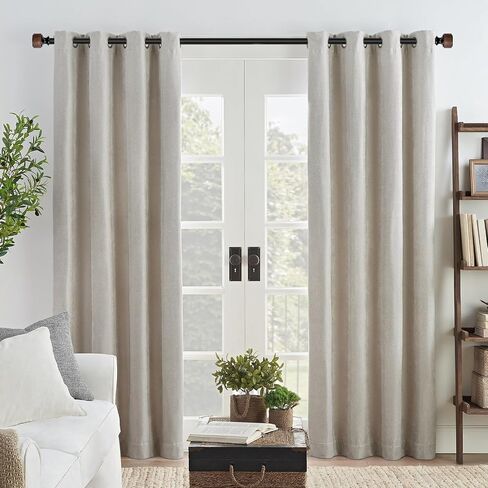 Wood Curtain Rods for Windows, Heavy Duty Adjustable Curtain Rod, 1-Inch Diameter Decorative Drapery Rod with Faux Wood Grain Finials, Black with Walnut, Modern Luxe Design (36"- 88") in Saudi Arabia