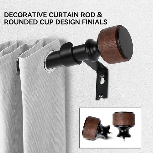 Wood Curtain Rods for Windows, Heavy Duty Adjustable Curtain Rod, 1-Inch Diameter Decorative Drapery Rod with Faux Wood Grain Finials, Black with Walnut, Modern Luxe Design (36"- 88") in Saudi Arabia