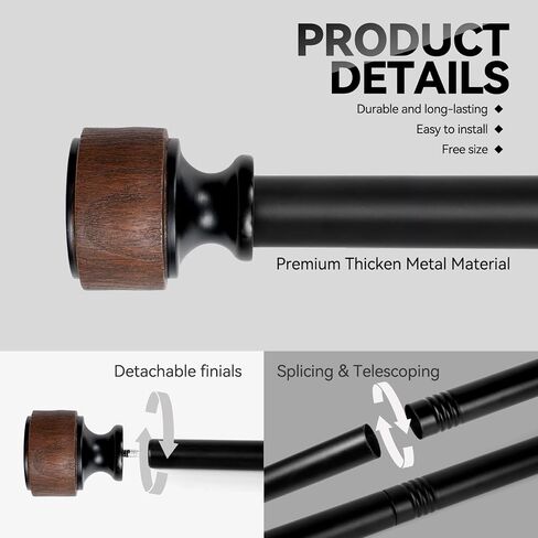 Wood Curtain Rods for Windows, Heavy Duty Adjustable Curtain Rod, 1-Inch Diameter Decorative Drapery Rod with Faux Wood Grain Finials, Black with Walnut, Modern Luxe Design (36"- 88") in Saudi Arabia