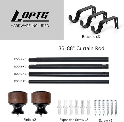 Wood Curtain Rods for Windows, Heavy Duty Adjustable Curtain Rod, 1-Inch Diameter Decorative Drapery Rod with Faux Wood Grain Finials, Black with Walnut, Modern Luxe Design (36"- 88") in Saudi Arabia