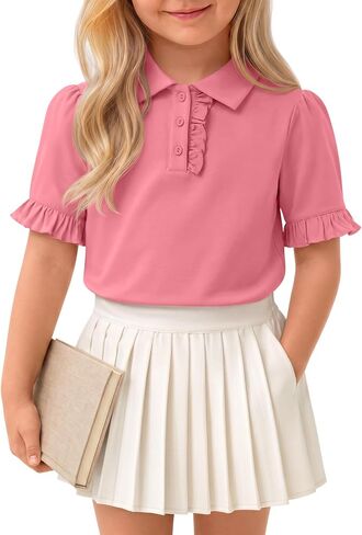 Yooo's Vivi Toddler Girls Shirts Kids Polo Shirts Ruffle Short Sleeve School Uniform T-Shirts Baby Cute Summer Button Tops in Kuwait