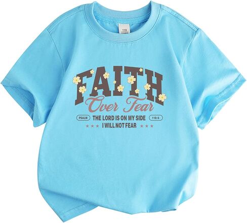 BeWithYou Girls Cute Faith Over Fear Shirt Kids Christian Religious Jesus Shirts Inspirational Bible Verse Graphic Tee Tops in Saudi Arabia