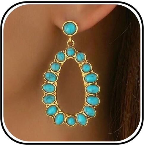 Western Turquoise Earrings for Women Boho Gold Teardrop Tassel Jewelry Bohemian Drop Earrings Country Concert Outfits Accessories Vintage Dangle Style Anniversary Birthday Presents in Kuwait