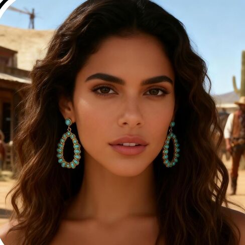 Western Turquoise Earrings for Women Boho Gold Teardrop Tassel Jewelry Bohemian Drop Earrings Country Concert Outfits Accessories Vintage Dangle Style Anniversary Birthday Presents in Kuwait