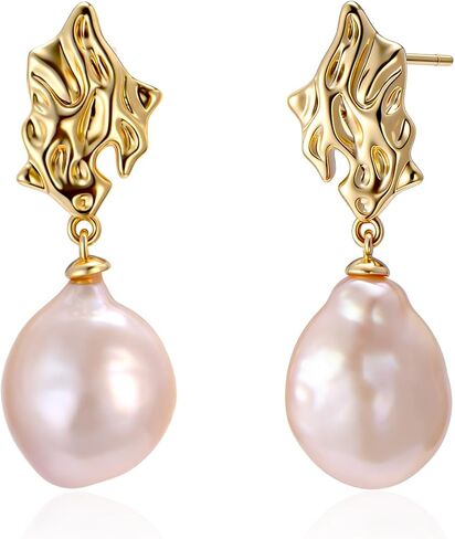 IDOKAWA Baroque Pearl Drop Earrings for Women, Gold Modern Stud 18K Gold Plated 925 Sterling Silver Post, Minimalist Statement Jewelry for Office Work Daily Wear in Saudi Arabia