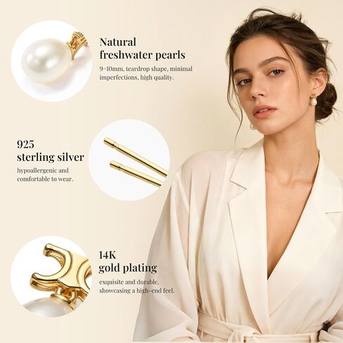 IDOKAWA Baroque Pearl Drop Earrings for Women, Gold Modern Stud 18K Gold Plated 925 Sterling Silver Post, Minimalist Statement Jewelry for Office Work Daily Wear in Saudi Arabia