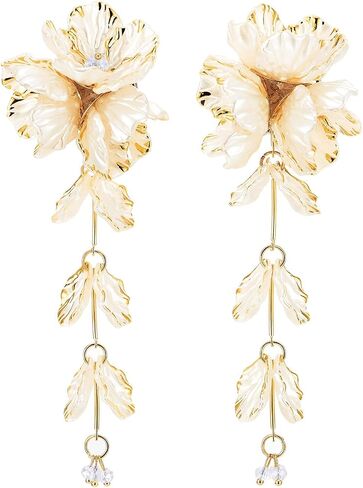 Women's Cream Floral Dangle Earrings, Large Pearlescent Flower Statement, Botanical Leaf Tassel Jewelry, Romantic Bohemian Accessory, Gift for Her in Kuwait