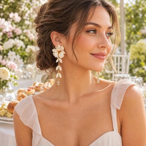 Women's Cream Floral Dangle Earrings, Large Pearlescent Flower Statement, Botanical Leaf Tassel Jewelry, Romantic Bohemian Accessory, Gift for Her in Kuwait
