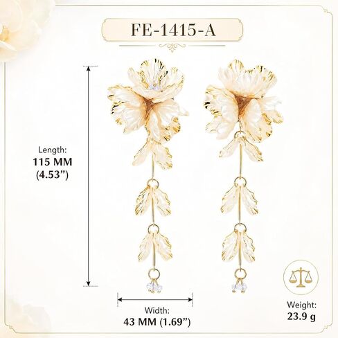 Women's Cream Floral Dangle Earrings, Large Pearlescent Flower Statement, Botanical Leaf Tassel Jewelry, Romantic Bohemian Accessory, Gift for Her in Kuwait