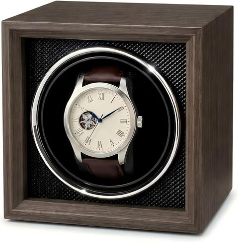 Automatic Single Watch Winder Box for Rolex and Other Watches, Handcrafted Winding Case with Walnut-Tone Wood-Grain Finish, Diamond-Textured Interior and Ultra-Quiet Motor in Saudi Arabia