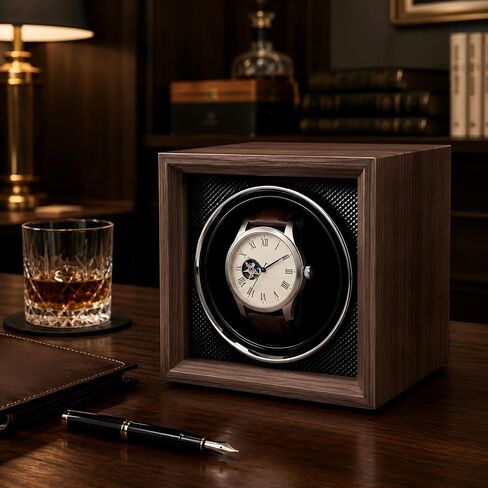 Automatic Single Watch Winder Box for Rolex and Other Watches, Handcrafted Winding Case with Walnut-Tone Wood-Grain Finish, Diamond-Textured Interior and Ultra-Quiet Motor in Kuwait