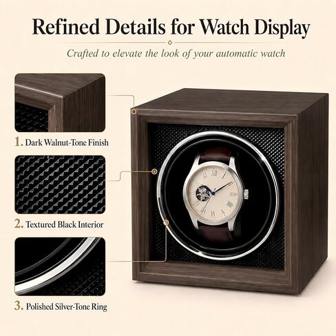 Automatic Single Watch Winder Box for Rolex and Other Watches, Handcrafted Winding Case with Walnut-Tone Wood-Grain Finish, Diamond-Textured Interior and Ultra-Quiet Motor in Kuwait