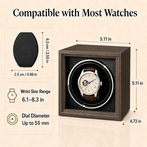 Automatic Single Watch Winder Box for Rolex and Other Watches, Handcrafted Winding Case with Walnut-Tone Wood-Grain Finish, Diamond-Textured Interior and Ultra-Quiet Motor in Kuwait