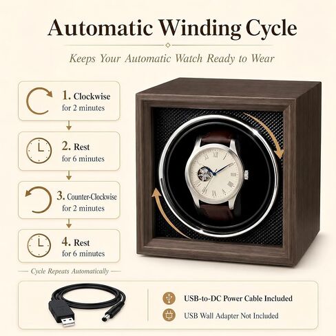 Automatic Single Watch Winder Box for Rolex and Other Watches, Handcrafted Winding Case with Walnut-Tone Wood-Grain Finish, Diamond-Textured Interior and Ultra-Quiet Motor in Kuwait