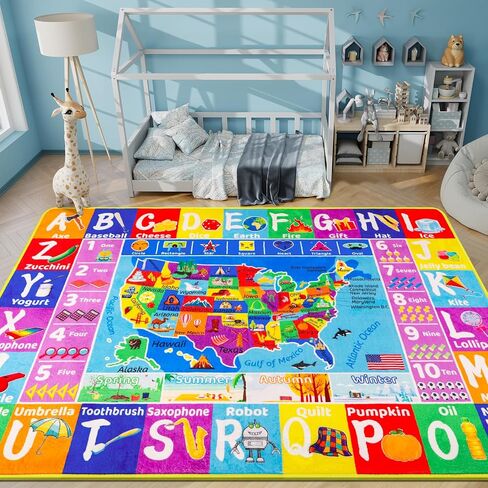USA Map ABC Kid Rug 39.4" × 63" for Playroom Geography Classroom Rug Educational Baby Playmat Alphabet Rug for Primary School Fluffy Ployester Non-Slip Preschool Rug for Nursery Room in Saudi Arabia