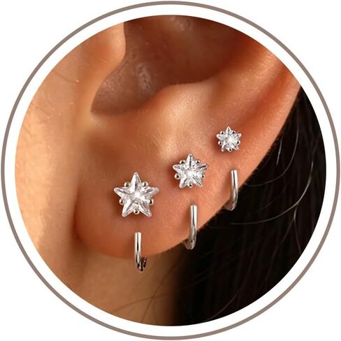 Freekiss 3 Pairs Sterling Silver Plated Half Hoop Earrings for Women, Stackable Backless Stay-Close Hoop Set, Moon Star Heart Pearl Bow CZ Designs, Hypoallergenic Sleep-Friendly Everyday Jewelry Gift in Saudi Arabia