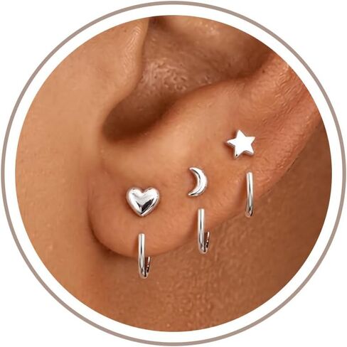 Freekiss 3 Pairs Sterling Silver Plated Half Hoop Earrings for Women, Stackable Backless Stay-Close Hoop Set, Moon Star Heart Pearl Bow CZ Designs, Hypoallergenic Sleep-Friendly Everyday Jewelry Gift in Saudi Arabia