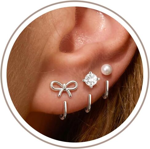 Freekiss 3 Pairs Sterling Silver Plated Half Hoop Earrings for Women, Stackable Backless Stay-Close Hoop Set, Moon Star Heart Pearl Bow CZ Designs, Hypoallergenic Sleep-Friendly Everyday Jewelry Gift in Saudi Arabia
