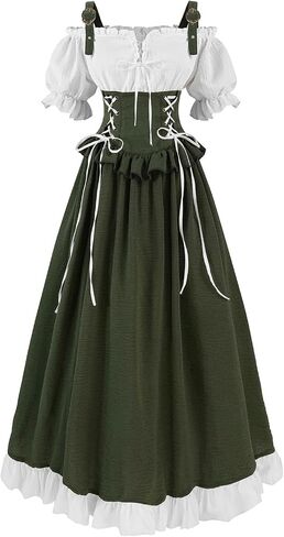 Nuoqi Women's Renaissance Dress Costume Green Short Sleeve Medieval Peasant Dress for Women with Pockets in Kuwait