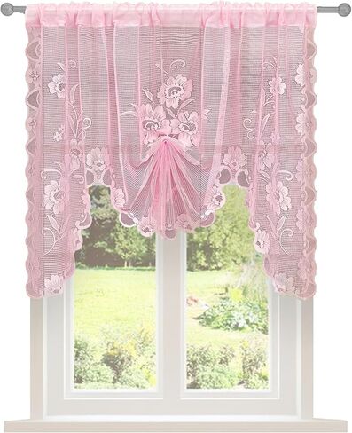 Jayla Pink Semi-Sheer Floral Lace Curtain Swag for Kitchen Half Window Bathroom Decoration Rod Pocket,39 x 39 Inch, 1 Panel in Saudi Arabia