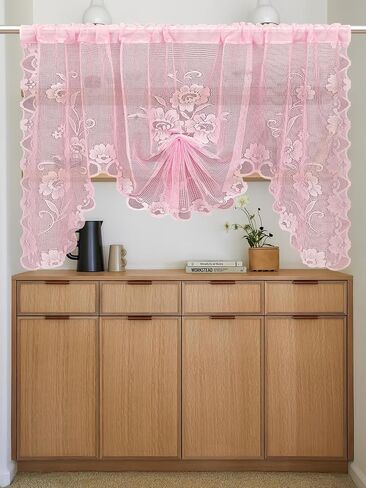 Jayla Pink Semi-Sheer Floral Lace Curtain Swag for Kitchen Half Window Bathroom Decoration Rod Pocket,39 x 39 Inch, 1 Panel in Saudi Arabia