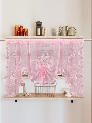 Jayla Pink Semi-Sheer Floral Lace Curtain Swag for Kitchen Half Window Bathroom Decoration Rod Pocket,39 x 39 Inch, 1 Panel in Saudi Arabia