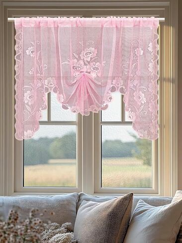 Jayla Pink Semi-Sheer Floral Lace Curtain Swag for Kitchen Half Window Bathroom Decoration Rod Pocket,39 x 39 Inch, 1 Panel in Saudi Arabia