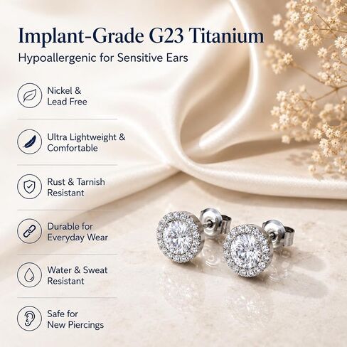 Titanium Halo Stud Earrings, Hypoallergenic Implant Grade G23 Health Earring for Sensitive Ears, Astm F136 Medical Grade Titanium Paved CZ Studs for New Piercing丨 Lead-free, Nickel-free, Non Tarnish丨8MM, 20 Gauge, 5A Cubic Zirconia in Saudi Arabia