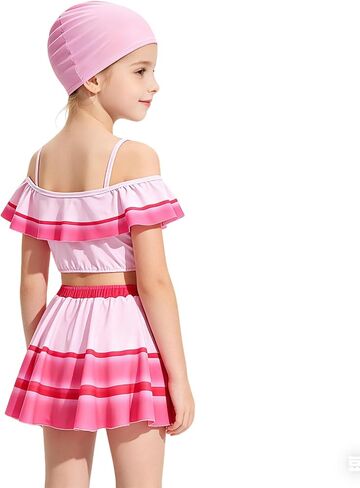 Girls Princess Two-Piece Swimsuit with Swim Cap Ruffle Off-Shoulder Tankini Cute Bow Bathing Suit in Saudi Arabia