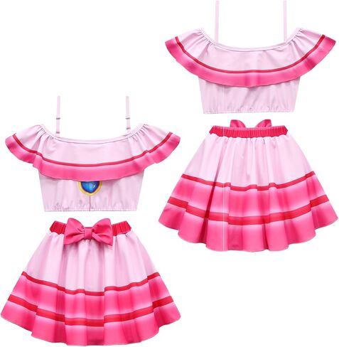 Girls Princess Two-Piece Swimsuit with Swim Cap Ruffle Off-Shoulder Tankini Cute Bow Bathing Suit in Saudi Arabia
