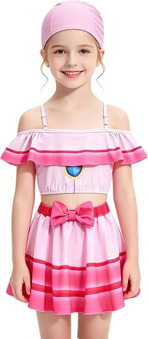 Girls Princess Two-Piece Swimsuit with Swim Cap Ruffle Off-Shoulder Tankini Cute Bow Bathing Suit in Saudi Arabia