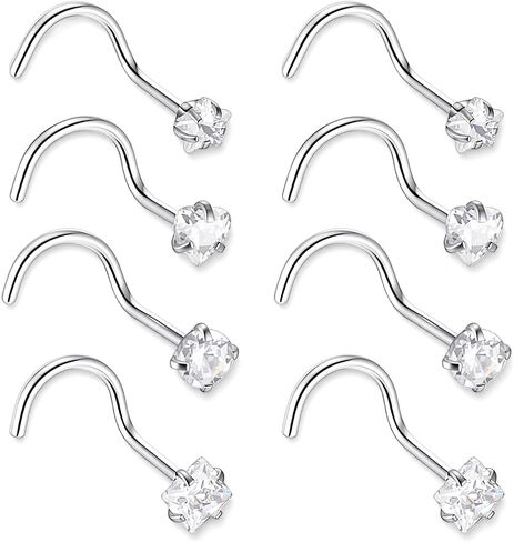 8 PCS Corkscrew Stud Piercings 20G Nose Ring, Silver Nose Studs Stainless Steel 7mm Stud Piercing Daily Wear Party Dating Piercing Jewellery Accessories for Women Men in Saudi Arabia