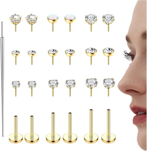 ZELORES 14K Gold Plated Threadless Nose Studs for Women Men 316L Stainless Steel Labret Stud Push In Nose Ring Stud Monroe Lip Rings CZ Opal Flat Back Nose Piecing Jewelry 1.5mm 2mm 3mm in Kuwait