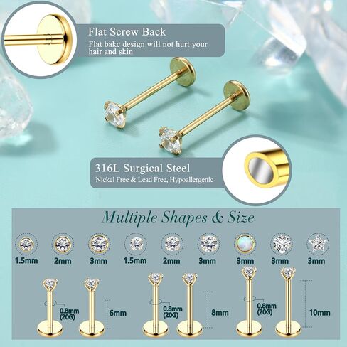 ZELORES 14K Gold Plated Threadless Nose Studs for Women Men 316L Stainless Steel Labret Stud Push In Nose Ring Stud Monroe Lip Rings CZ Opal Flat Back Nose Piecing Jewelry 1.5mm 2mm 3mm in Kuwait