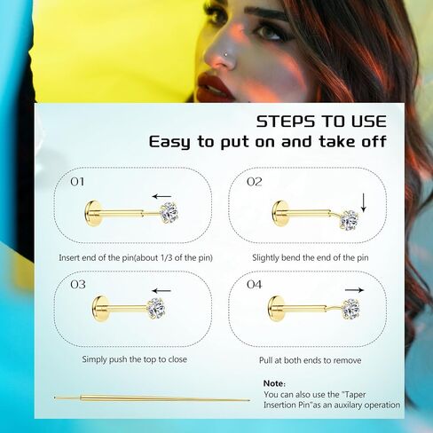 ZELORES 14K Gold Plated Threadless Nose Studs for Women Men 316L Stainless Steel Labret Stud Push In Nose Ring Stud Monroe Lip Rings CZ Opal Flat Back Nose Piecing Jewelry 1.5mm 2mm 3mm in Kuwait