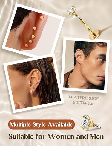 ORAZIO 16G Hypoallergenic Flat Back Earrings Stud Earrings - 316L Surgical Steel Internal Thread Stud Piercing Jewelry for Tragus/Helix/Conch/Medusa/Lip/Labret - Helix Tragus Cartilage Earrings for Women B in Kuwait